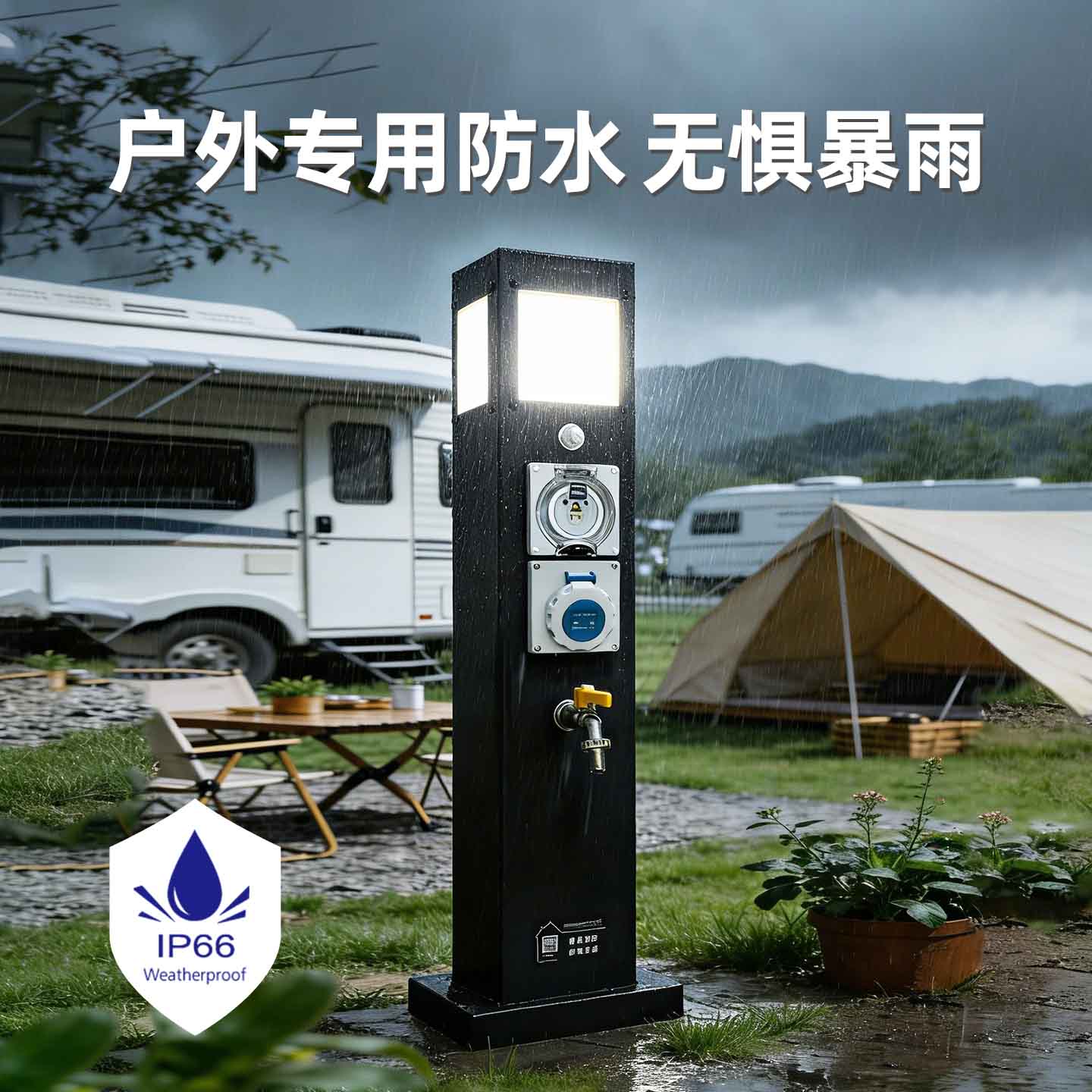 極亞智能黑色款 IP66 防水水電樁，露營場景供電供水設(shè)備