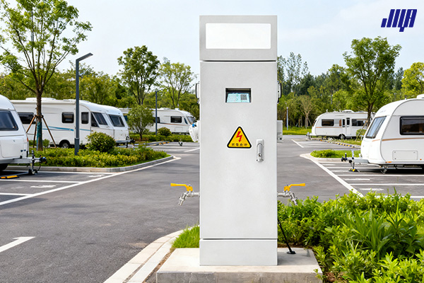 極亞智能房車營(yíng)地水電樁實(shí)拍，多車同時(shí)供水供電設(shè)備場(chǎng)景