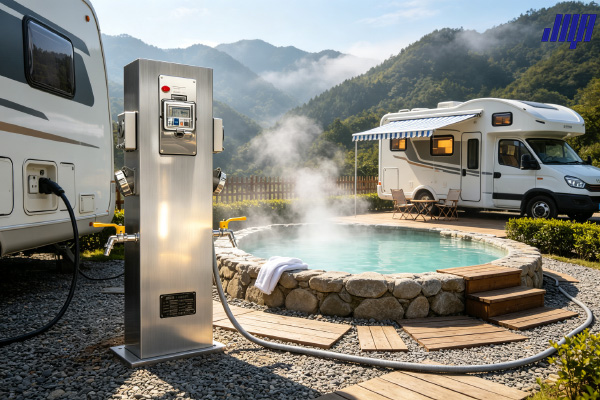 凱地里拉房車營地獨立營位 溫泉泡池旁水電樁使用場景